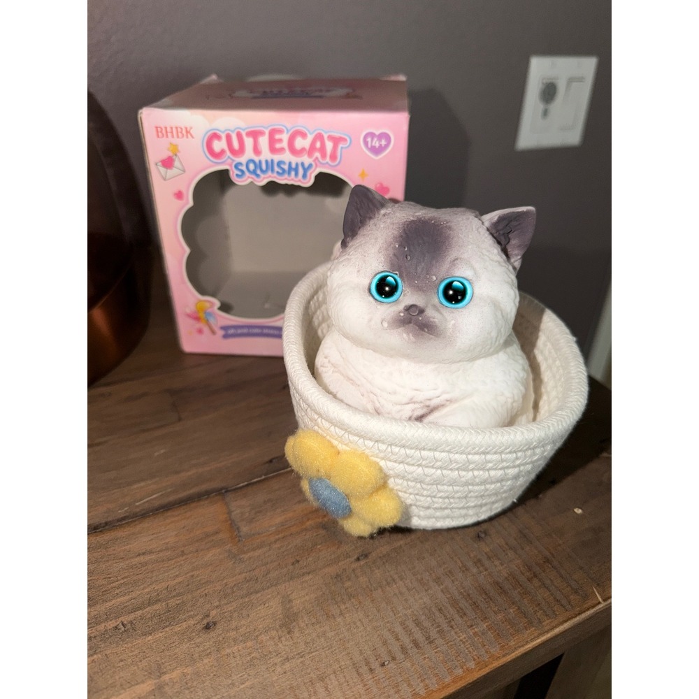 BHBK Cat in a Basket Cutecat Squishy Grey Pudding Slow Rising Toy Basket/Box